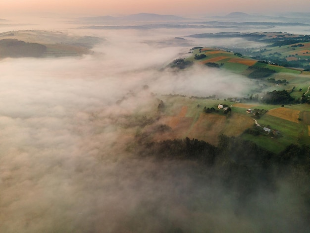 Drone View on Sunrise Above Polish Countryside in Mountains