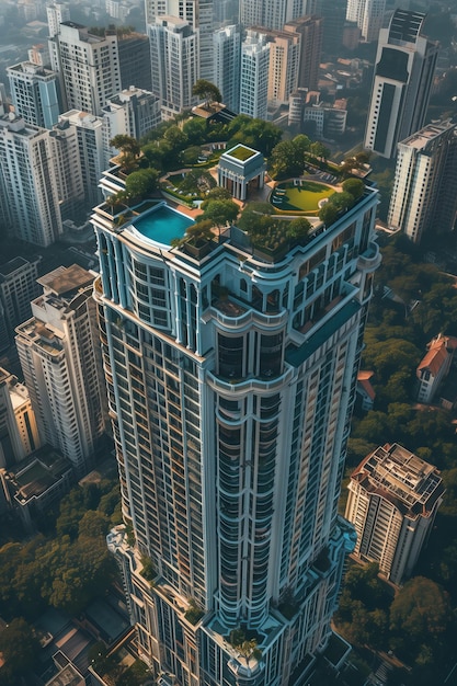 Drone view of tall skyscraper buildings in the city