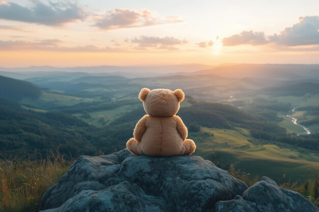 Photo drone view of teddy bear on mountain peak in serene landscape