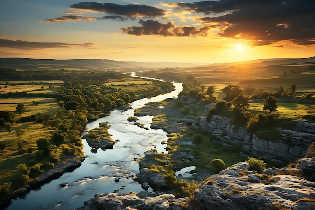 A drone view of the valley where the river flows between picturesque meadows and rocky shores