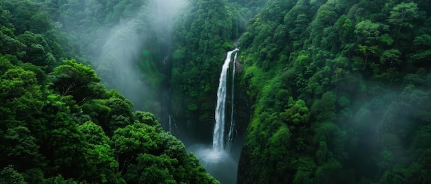 Drone view of a waterfall in a lush forest vibrant green tones misty atmosphere with copy space