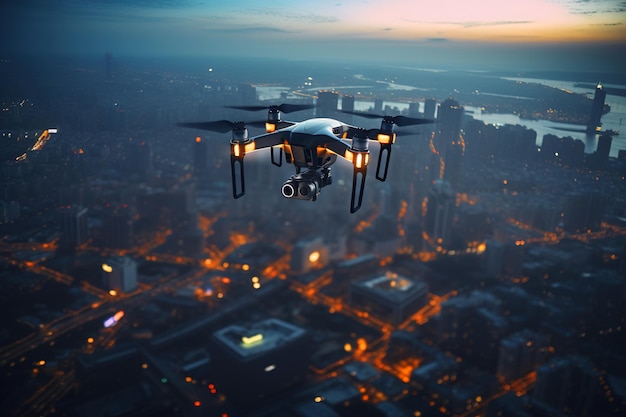 Drone with camera flying in air over night city an autonomous observation vehicle Generative AI