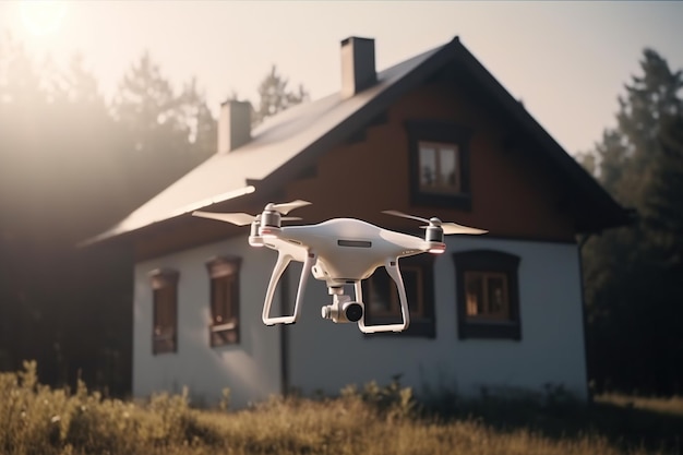 Drone with digital camera flying on the background of the house Generative AI