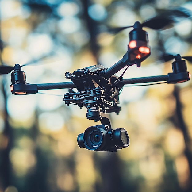 a drone with a lens attached to it is flying in the air