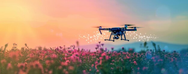 Drones applying pesticides close up focus on copy space colorful imagery Double exposure silhouette with landscape