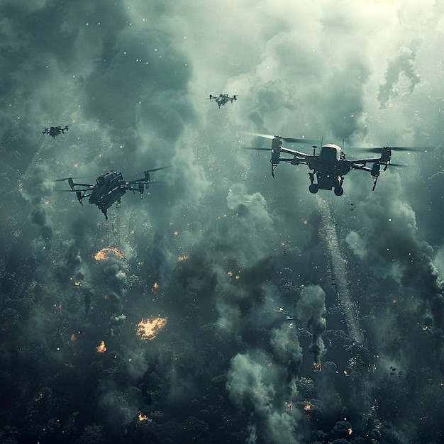 Photo drones engaged in combat over a wartorn landscape at dusk