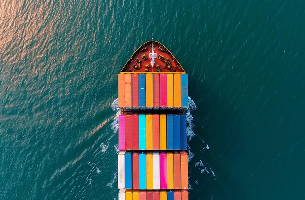 Photo a drones eye captures a cargo ship its deck a mosaic of containers against the vast blue sea