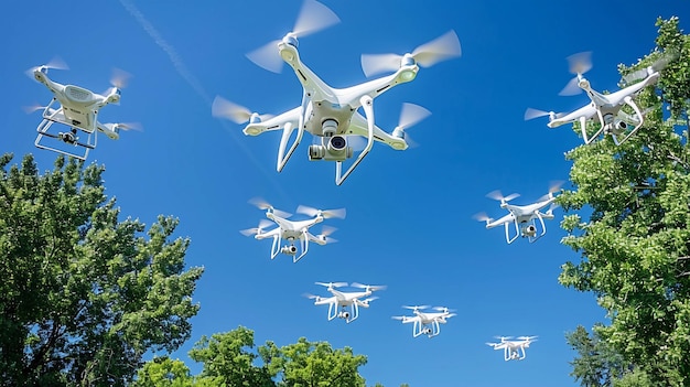 Drones In Flight Amongst Green Trees Clear Blue Sky Backdrop Unmanned Aerial Vehicle AI Generated