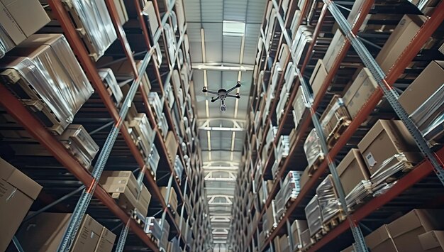 Photo drones hovering over aisles in a warehouse diligently scanning barcodes for precise inventory management showcasing the seamless integration of technology into the supply chain