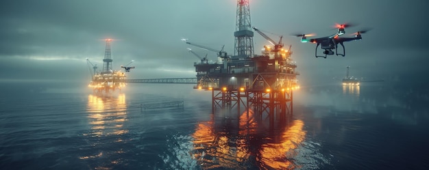 Drones inspecting offshore oil rigs at night with illuminated structures