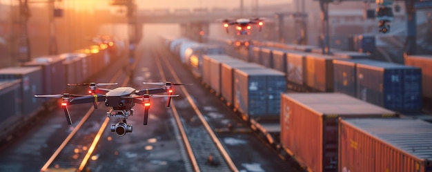 Drones monitoring cargo trains at sunset on railway tracks