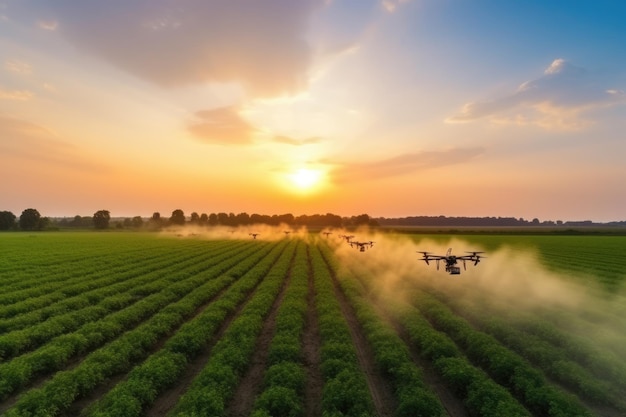 Drones spray fertilizer on the field at sunset Generative AI