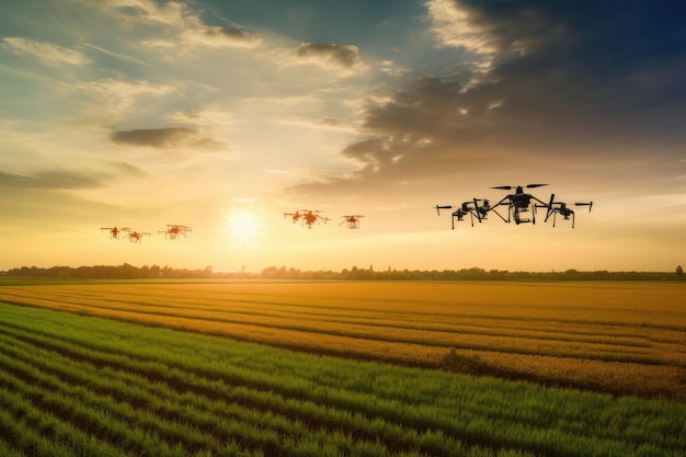 Drones spray fertilizer on the field at sunset Generative AI