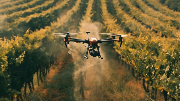 Drones spraying pesticides in a vineyard targeting specific areas top view digital tone Complementary Color Scheme