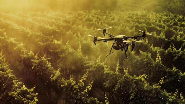 Drones spraying pesticides in a vineyard targeting specific areas top view digital tone Complementary Color Scheme