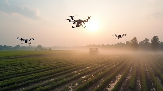 Drones spraying water over the agricultural field