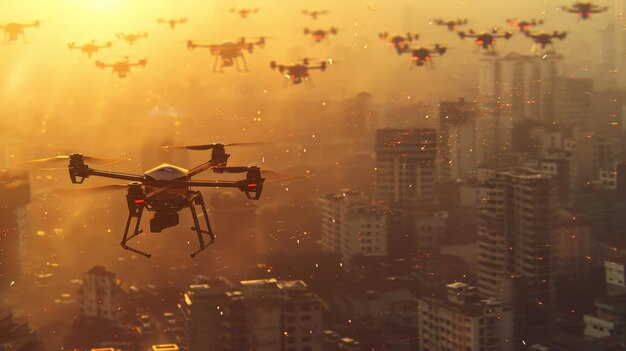 Drones swarm above an urban landscape shrouded in the golden haze of sunset highlighting