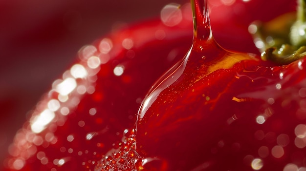 a drop of liquid that is dripping from a red apple