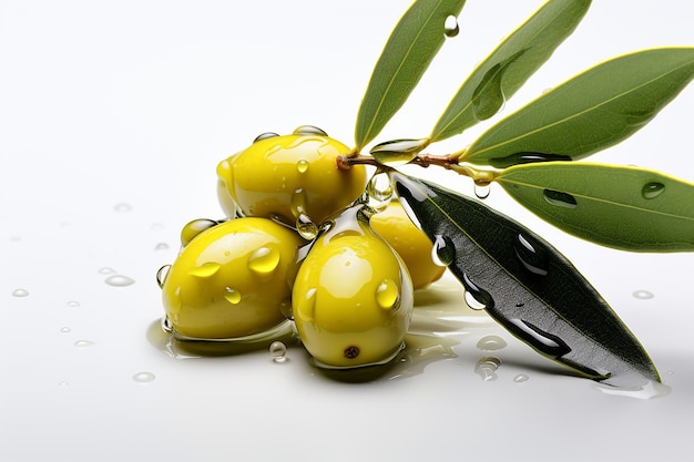 Drop of Oil and Olives and Branch Isolated on White