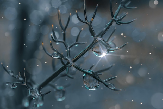 drop on the plant in rainy days in springtime, blue and dark background