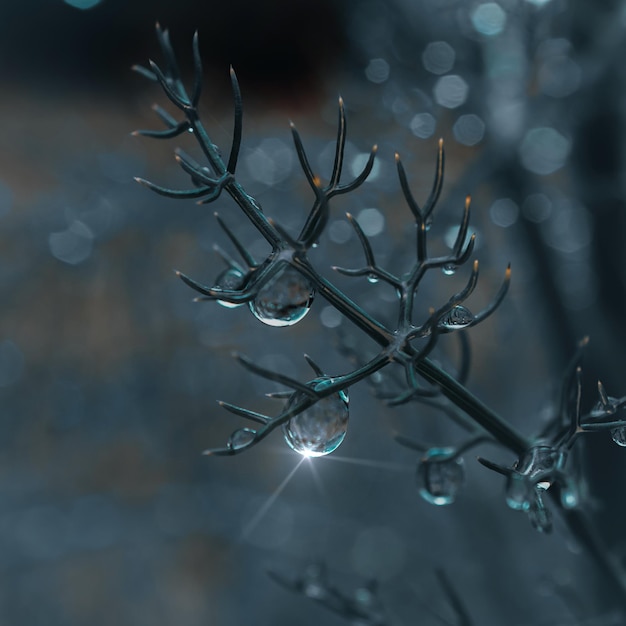 drop on the plant in rainy days in springtime, blue and dark background