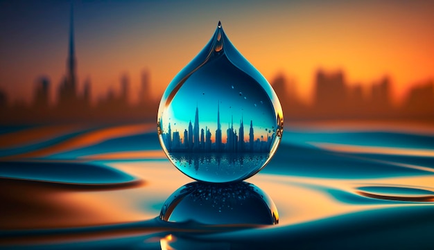 A drop of water on the background of the city blue color Generative AI