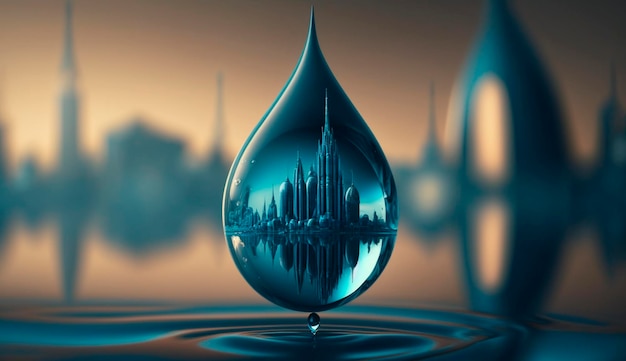 A drop of water on the background of the city blue color Generative AI