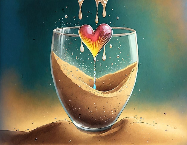 Drop of water falling into a glass hitting the sand at the heart