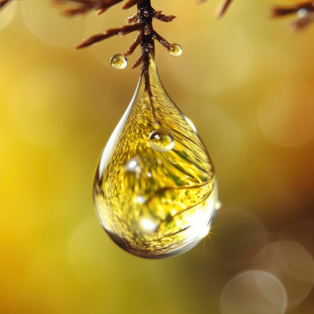 A drop of water hangs from a tree branch.