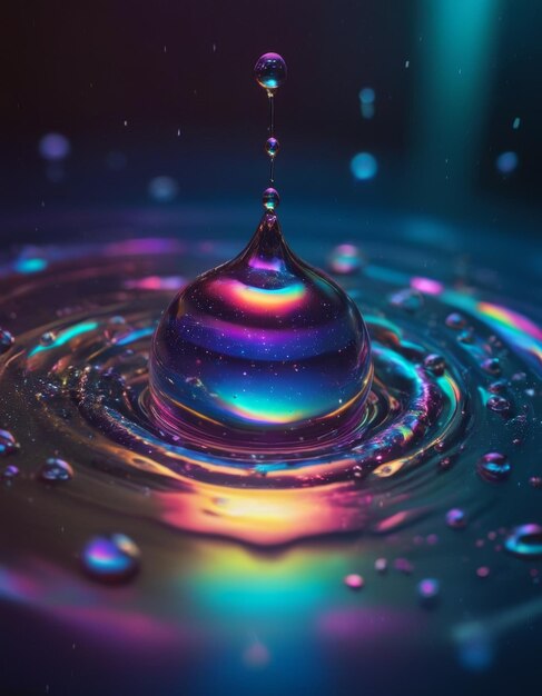 a drop of water is in a bowl with multicolored bubbles