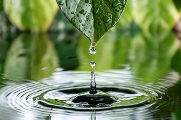 a drop of water is dripping from a green leaf