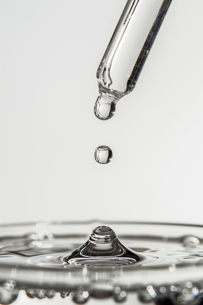 A drop of water is falling from a dropper into a glass