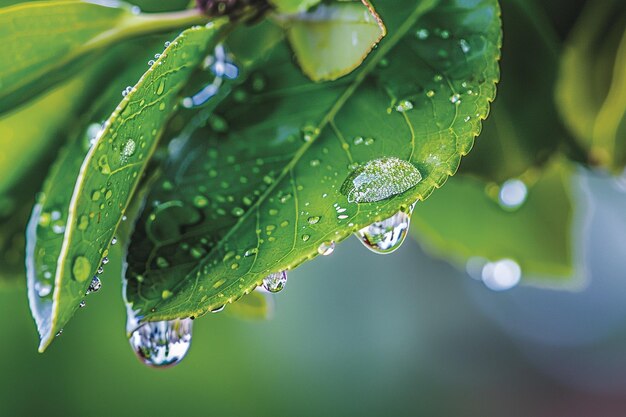 a drop of water is on a green leaf