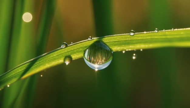 A drop of water is reflected in a blade of grass.