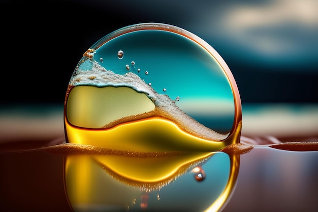 A drop of water is sitting on a table with a blue background.