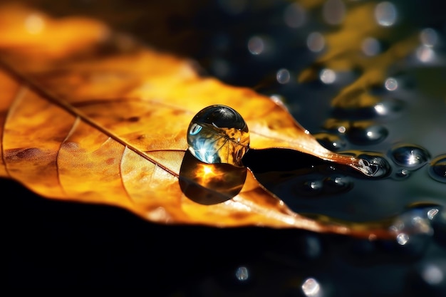 A drop of water on a leaf with the sun shining on it.