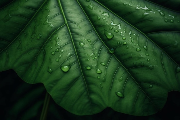 Droplet close up surface macro shot of green tropical leaf with green veins large foliage on a tree