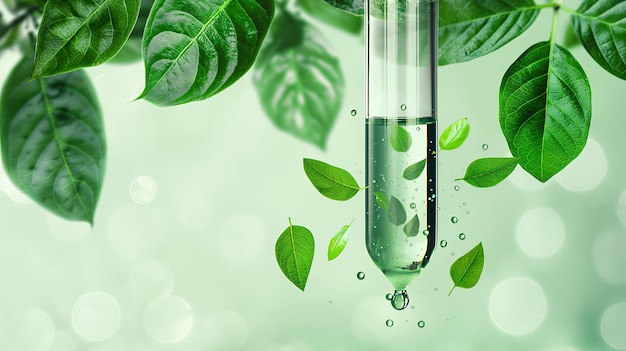 Droplet of liquid from a test tube falling on green leaves