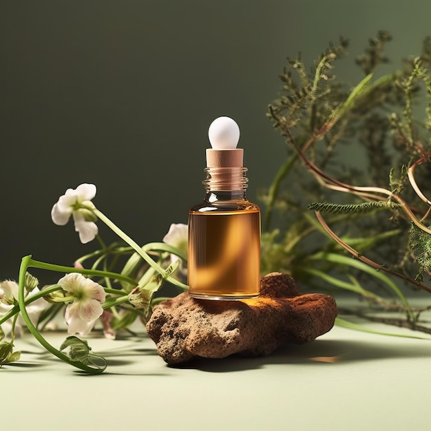 Dropper bottle styled mockup cosmetic serum oil container template on botanical background with wood