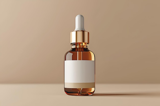 Photo dropper bottle with clear golden liquid and suspended droplet minimalistic