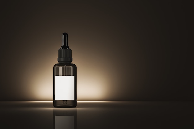 Dropper cosmetic black bottle in the dark scene and lighting behind the bottle