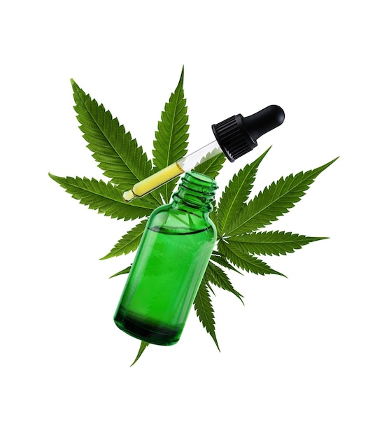 Dropper with cannabis oil and hemp leaf on white background Hemp CBD oil in a bottle Herbal cannabis face serum for skin care