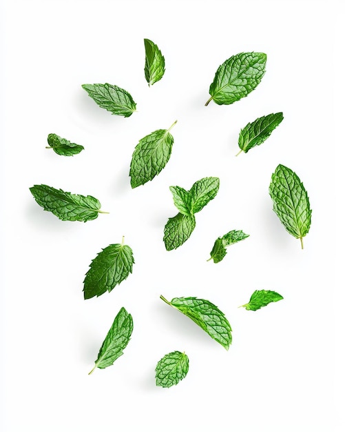 Photo dropping spearmint leaves on white background clipping path full depth of field