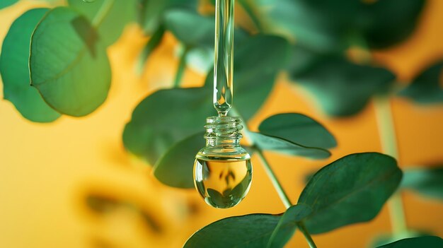 Photo drops of essential oil in a glass bottle on a green background