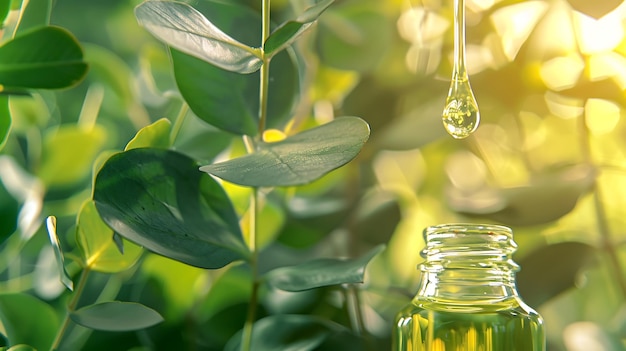 Photo drops of essential oil in a glass bottle on a green background