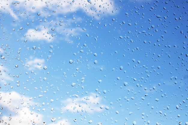 Drops on glass against a bright blue sky