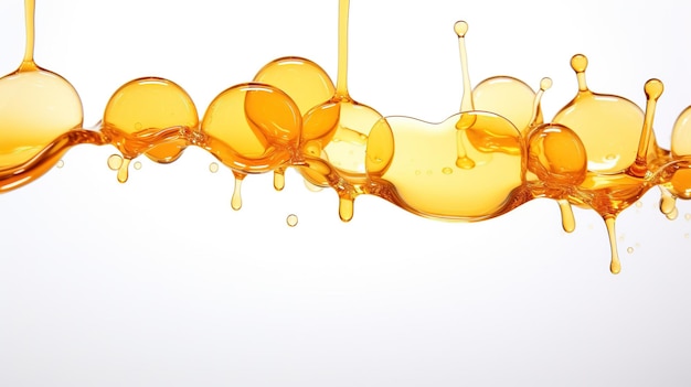 Drops of honey flowing on a white background Yellow transparent bubbles