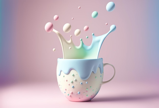 Drops of milk over a cup Splash of milkshake thick liquid cream colorful balls Abstract pastel background 3D rendering AI generated