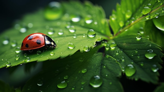 Drops of Morning Dew and Ladybug on Young Juicy Fresh