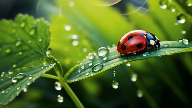 Drops of Morning Dew and Ladybug on Young Juicy Fresh